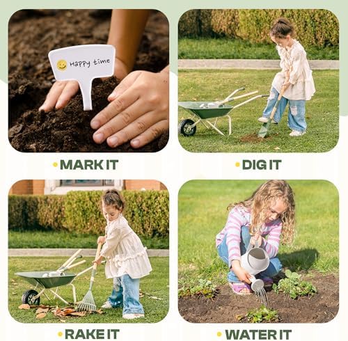ROBUD Kids Wheelbarrow with Gardening Tools Set, Educational Kids Gardening Set with Kid Wheelbarrow, Toddler Gardening Set, Watering Can, Plant Labels, for Ages 3+ Boys Girls(Green) - Image 4