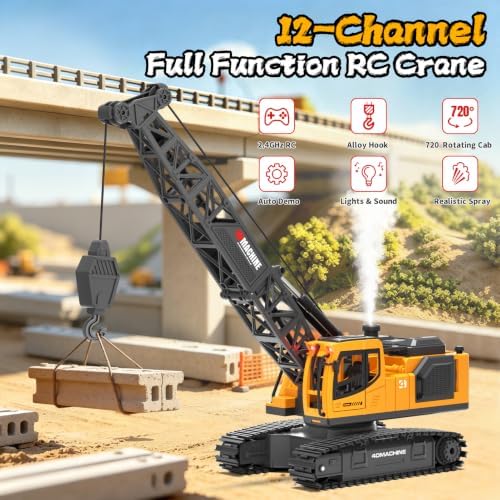 Jiakora Remote Control Crane Toy, 2.4GHz 12 Channel 1:18 RC Construction Crawler Crane with Metal Hook, Lights, Sound & Spray Function, 2 Batteries, Birthday Gift for Kids Boys Girls Ages 3-5 4-7 8-12 - Image 2