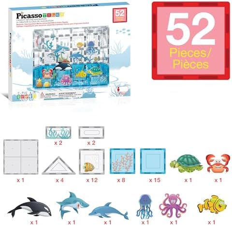PicassoTiles 52 PCS Magnetic Tiles Ocean Animal STEM Set 8 Figures Ages 3+ - Image 3