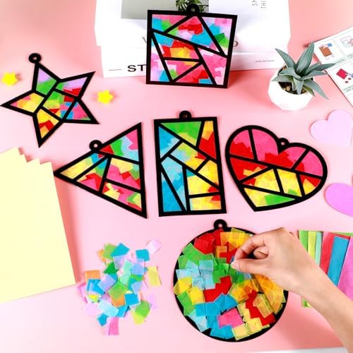 Qyeahkj 36 Set Geometric Shapes Suncatcher Crafts for DIY Star Window Tissue Paper Craft Kit Triangle Heart Hanging Decor for Summer Home Activity Art Project Birthday Party Favor Gift - Image 5