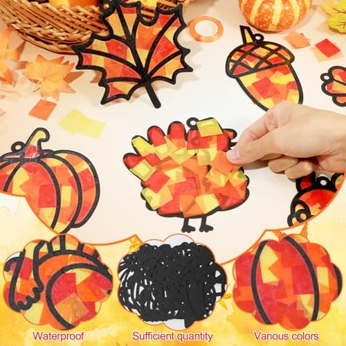 Qyeahkj 36 Set Fall Suncatchers Crafts for Kids DIY Autumn Leaf Pumpkin Acorn Squirrel Window Tissue Paper Craft Kit Hanging Decor for Home Activity Art Project Birthday Party Favor Gift - Image 3