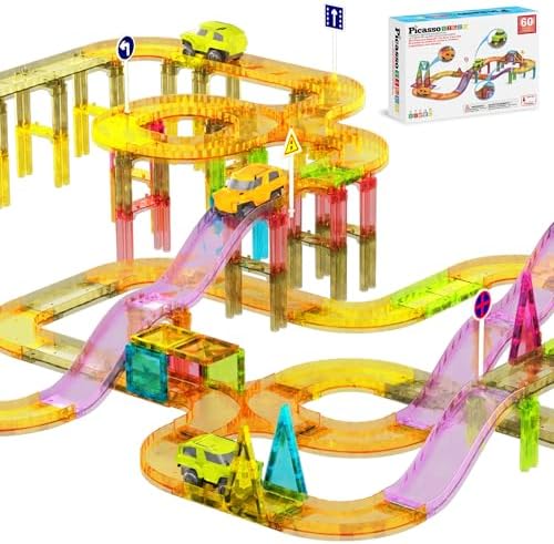 PicassoTiles 60pc Magnetic Tile Race Car Track Set STEM Construction Road Kit Building Blocks for Kids Toddlers Age 3 Plus Educational Travel Toy Sensory Preschool Learning for Boys and Girls PTMR60 by PicassoTiles