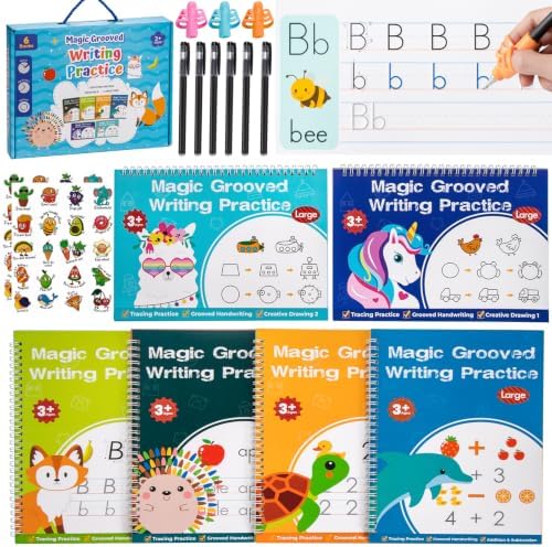 Magic Grooved Writing Practice, Tiny Thinkers Reusable Indented Handwriting Practice for Kids 3-5, Your Little Explorer Motor Magic Happy Writer System Children Set Age 6-8 for Preschool Kindergarten by QCQHDU