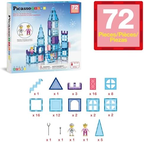 PicassoTiles 72 Piece Magnetic Building Tiles Castle Winter Ice Theme Construction Magnet Block Set with Princess Prince Character Stairs Windows Doors STEM Learning Educational Toy Kids Ages 3+ PT72 - Image 3