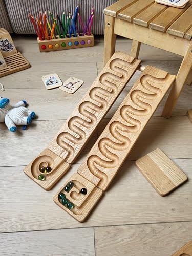 Wooden Marble Run Track Race Wooden Maze Board Ball Run Montessori Educational Toy Gift for Kids Winding Wave Roller Track(Set of 3) - Image 7