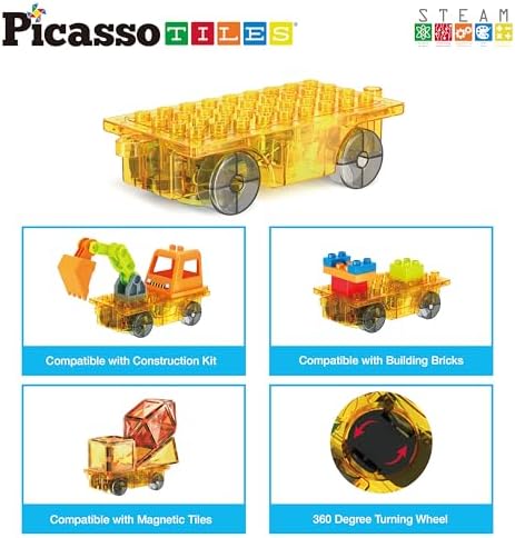 PicassoTiles Magnet Tile Motorized Car Base Self Turning Omnidirectional Truck with Light And Motor Playset Magnetic Tiles Construction Building Blocks Compatible STEM Learning Preschool Ages 3+ PTU05 - Image 6