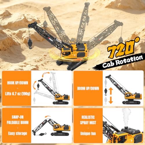 Jiakora Remote Control Crane Toy, 2.4GHz 12 Channel 1:18 RC Construction Crawler Crane with Metal Hook, Lights, Sound & Spray Function, 2 Batteries, Birthday Gift for Kids Boys Girls Ages 3-5 4-7 8-12 - Image 5