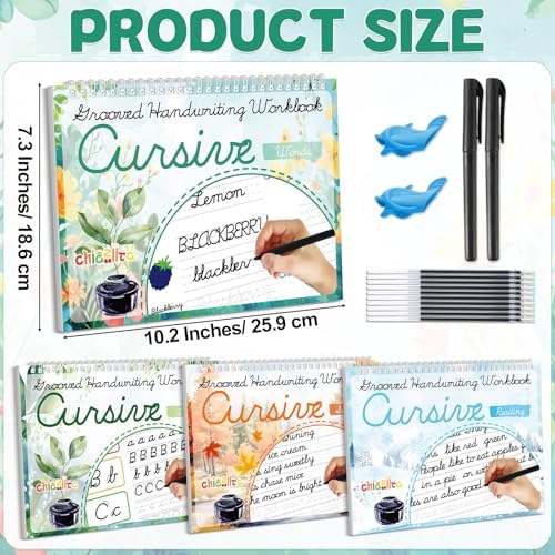 chiazllta 4 Pack Grooved Cursive Handwriting Practice Kit with Disappearing Ink Pens Magic Reusable Grooved Cursive Writing Workbooks Copybook for Beginners Kids (Words&Sentence&Reading&Letters) - Image 2
