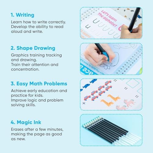 Kiddospace Magic Grooved Writing Practice for Kids Ages 3-8 - 4 Large Reusable Handwriting Workbooks - Alphabet, Numbers, Math & Drawing - Grooved Tracing Books with Disappearing Ink Pen Included - Image 5
