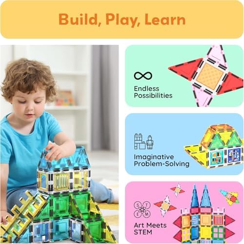 PicassoTiles Magnetic Tiles 61 Piece Magnet Tile Building Blocks Construction Sensory Toy Set with Carry Bag Storage Bin Container STEM Toddler Learning Educational Pretend Play Boy Girl Ages 3+ PT07 - Image 4