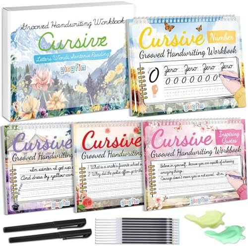 gisgfim 4 Pack Grooved Cursive Handwriting Workbook Kit Magic Reusable Grooved Handwriting Practice with Disappearing Ink Pens Cursive Workbook for Kids Number Poems Jokes & Riddles Inspiring Quotes by gisgfim