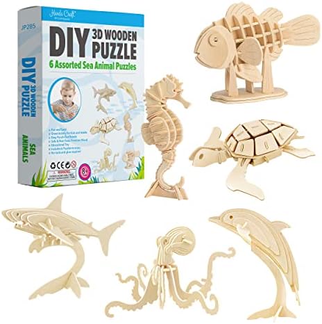 Hands Craft DIY 3D Wooden Puzzle – 6 Assorted Sea Animals Bundle Pack Set Brain Teaser Puzzles Educational STEM Toy Adults and Kids to Build Safe and Non-Toxic Easy Punch Out Premium Wood JP2B5 by HandsCraft