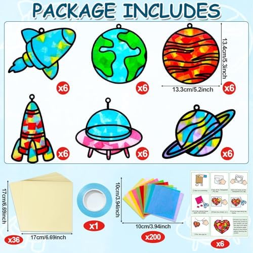 Qyeahkj 36 Set Outer Space Suncatchers Crafts for DIY Solar System Window Tissue Paper Craft Kit Space Hanging Decor for Planet Home Activity Art Project Birthday Party Favor Gift - Image 2