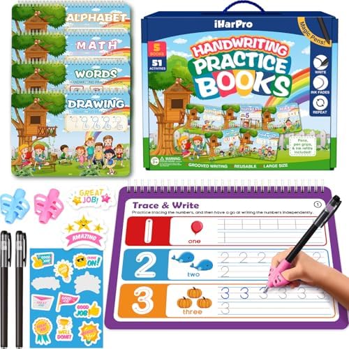 Magic Grooved Writing Practice for Kids Ages 3-8 – Large 11.2"x7.5" Reusable Handwriting Workbook (5 Books) – Preschool Learning Activities, Kindergarten Educational Tracing Toys for Boys & Girls by iHarPro