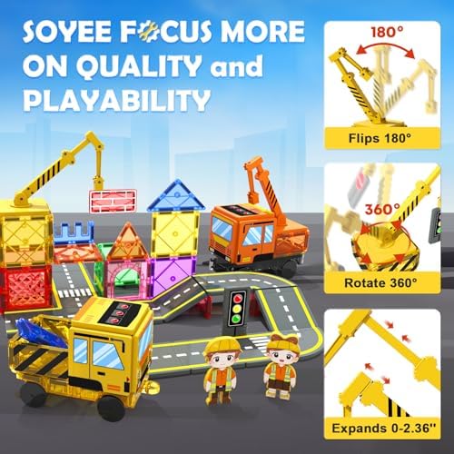 Soyee 102 PCS Magnetic Tiles with 2 Cars & 2 Cranes - Image 5