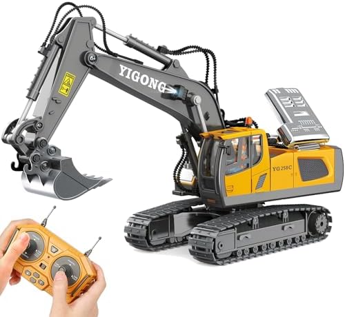 Remote Control Excavator 11 Channel RC Excavator Truck Toys 1/20 Scale 2.4Ghz Construction Vehicles with Metal Shovel 680° Rotation for Kids Boys Age 4-7 8 9 10 Year Old (Yellow) by Mocethoa