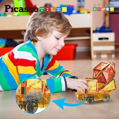 PicassoTiles Magnet Tile Motorized Car Base Self Turning Omnidirectional Truck with Light And Motor Playset Magnetic Tiles Construction Building Blocks Compatible STEM Learning Preschool Ages 3+ PTU05 - Image 4