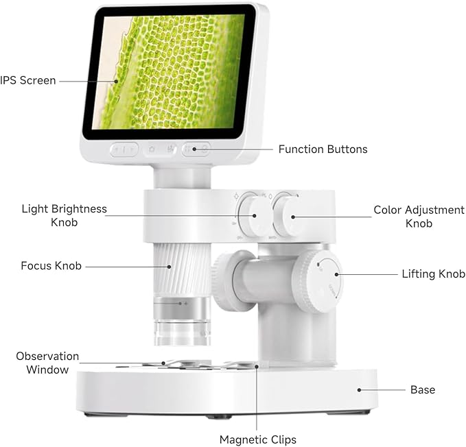 4'' IPS Handheld Pocket Digital Microscope with 100-1600X Screen, 1080P HD Portable Microscope with 8 Adjustable LED Lights