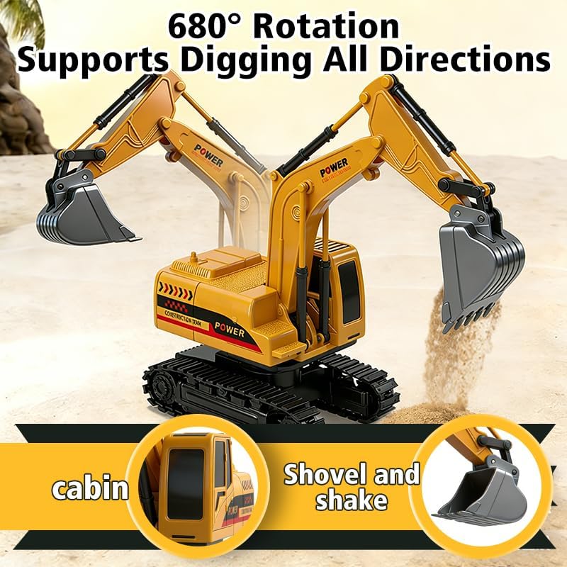 RC Excavator Toy, 6-Channel Remote Control Excavator with Metal Shovel & Lights, 360° Rotation Mini Excavator, RC Construction Vehicles Digger Toy for Boys 3-8 - Image 6