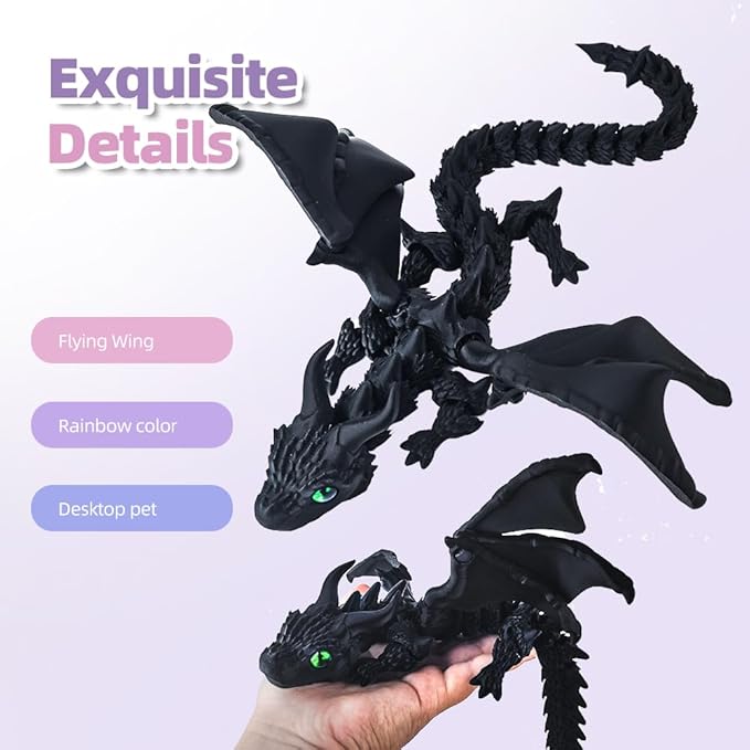 3D Printed Dragon with Wings,3D Printed Animals Toys, Fidget Dragon Toys, Flexible Articulated Winged Crystal Dragon Model,Desktop Pet Deco, Stocking Stuffers (Matte-Black)