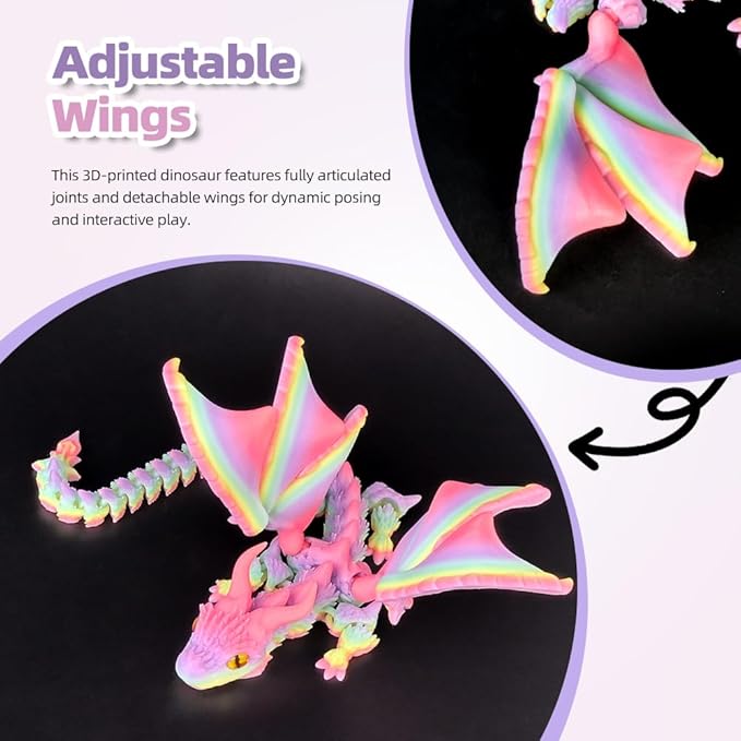3D Printed Dragon with Wings,3D Printed Animals Toys, Fidget Dragon Toys, Flexible Articulated Winged Crystal Dragon Model,Desktop Pet Deco (Luminous-Rainbow)