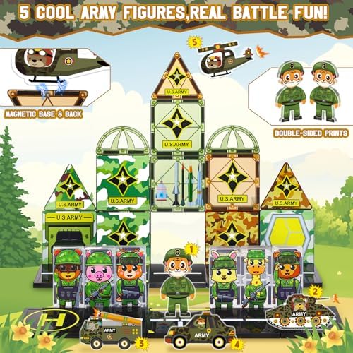 63Pcs Army Toys Magnetic Tiles Building Blocks Set with 5 Military Cars Men - Image 3
