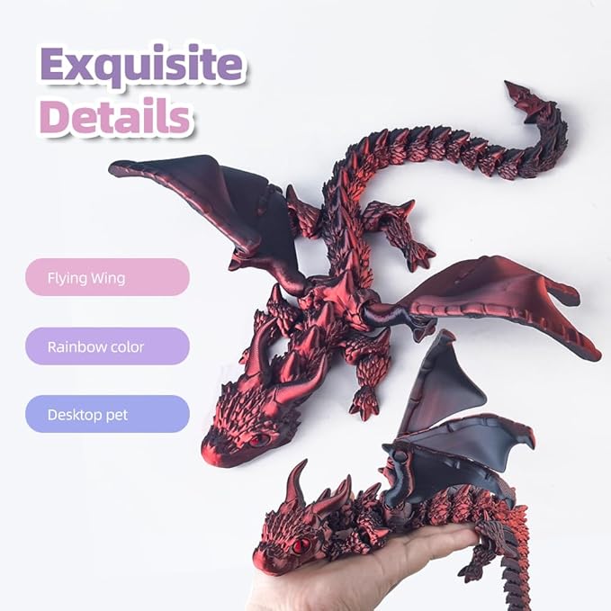 3D Printed Dragon with Wings,3D Printed Animals Toys, Fidget Dragon Toys, Flexible Articulated Winged Crystal Dragon Model,Desktop Pet Deco (Black-Red)