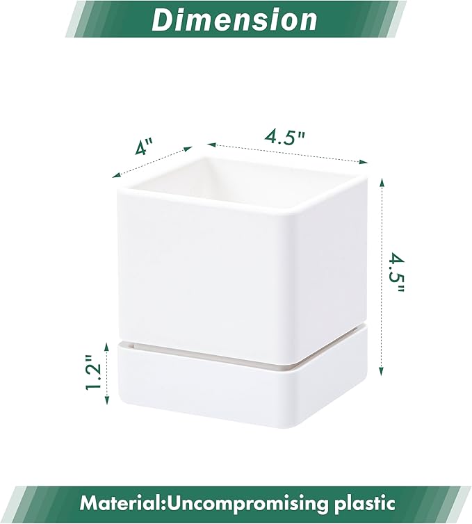 D'vine Dev 4 Inch Herb Planter Pot, Plastic Planter with Drainage Holes and Saucer, Modern Decorative Gardening Pot for Indoor Plants, Flowers, Herbs, Succulents, White, Set of 4, 76-Y-A4-1