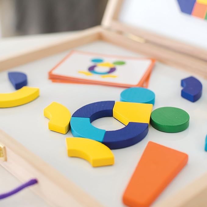 MindWare Imagination Magnets Wooden Pattern Blocks Set - Imaginative Play with magentic Shapes in a Carrying case - 42 Magnetic Solid Wooden Blocks, 50 Full-Color Laminated Puzzles