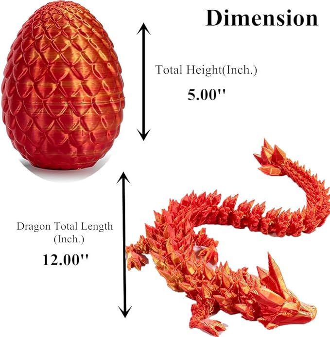 Easter Egg Dragon Egg 12In Dragon Toy 3D Printed Dragon Fidget Toys 3D Printed Dragon Egg with Articulated Dragon Inside Fidget Toys for Autism/ADHD (Red Mix Gold)