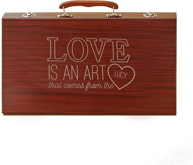 Let's Make Memories Personalized 80-Piece Deluxe Art Set - for Kids - Wood Carrying Case - Oil Crayons, Colored Pencils, Watercolors - Arts & Crafts - Add Their Name - Love is an Art