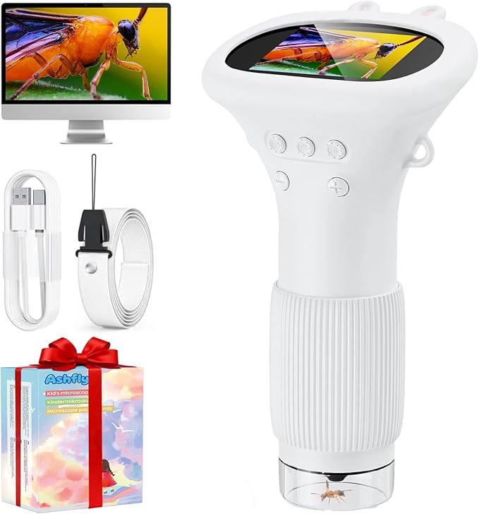 Microscope for Kids, 2'' Inch HD Screen Pocket Portable Microscope, 1000x Magnification Mini Magnifying Glass with Light for Kids, for 3-12 Girls & Boys - White