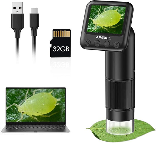APEXEL 800X Handheld Digital Microscope with 2” LCD Screen, Pocket Portable Microscope for Kids with Adjustable LED Lights, Coins Microscopes Magnifier Camera, USB to PC Including 32G SD Card