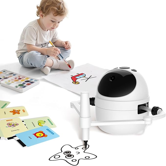 Drawing Robot Toys Painting Kit for Kids, Toddler Toys Birthday Gifts for 3-10 Girl Boy, Electronic Learning Toys with Intelligent Sensing 150 Cards, Interactive Painting Toy Set (White)