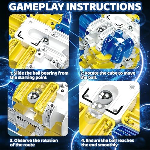 3D Rolling Ball Maze Cube, Marble Labyrinth Cube, 3D Labyrinth Puzzle Cube, Spatial Awareness Brain Training Educational Focus Game Gift for Adults Teens Kids (Yellow & Blue) - Image 4