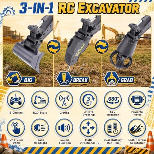 Remote Control 3-in-1 Excavator Toys, 13 Channel 1:20 RC Construction Truck - Image 3