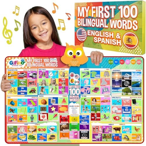 First 100 Words Bilingual Electronic Alphabet Poster – Interactive Learning Chart for Kids | 100 First Words in English & Spanish | Educational Talking Wall Poster by GUFINO