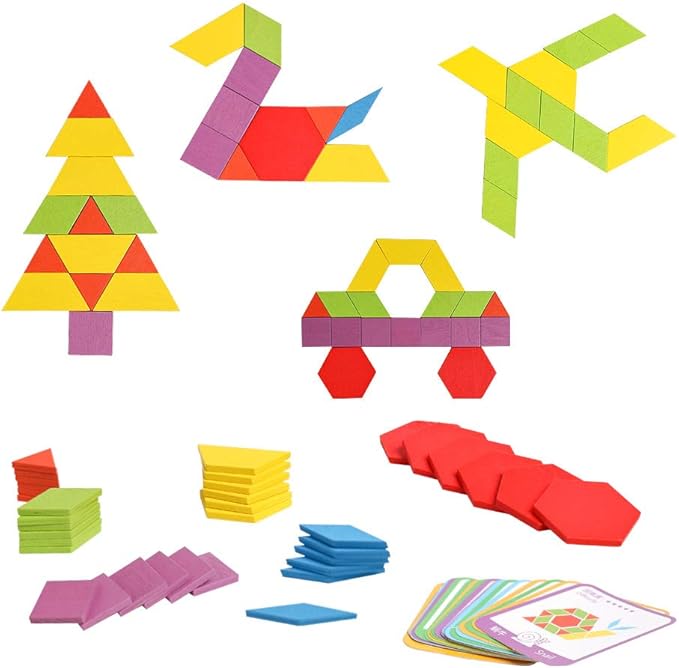 JCREN Wooden Pattern Blocks Montessori Toys Shape Puzzles Kindergarten Classic Educational Tangram Geometric Brain Teaser Toys Best STEM for Kids Ages 4-8 with 24 Pcs Cards