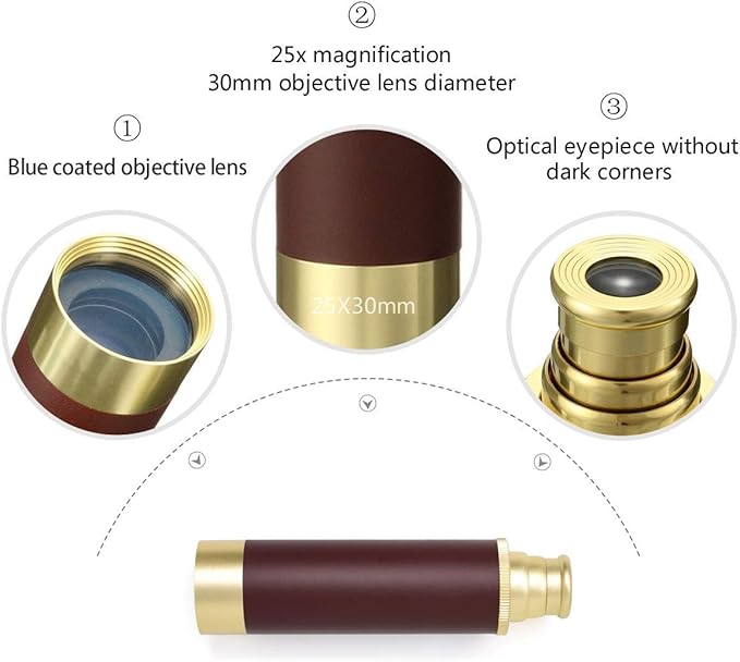 Retro Pirate Telescope Zoomable 25x30 Spyglass Portable Collapsible Handheld Telescope Vintage Monocular for Kids & Survival Gear Compass Pocket Military Compass for Camping Boating