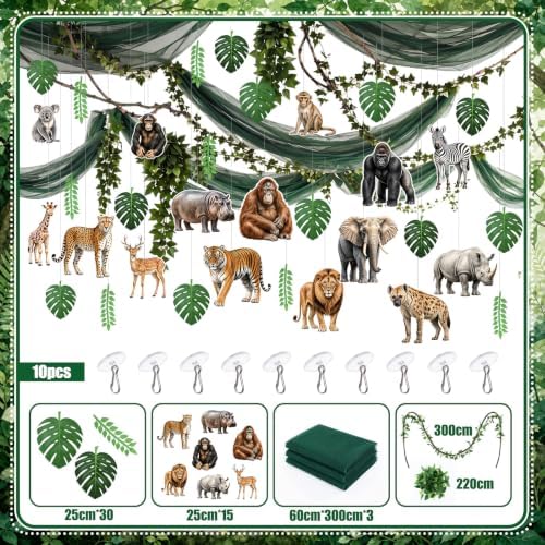 63 Pcs Back to School Jungle Safari Hanging Ceiling Decoration 24" x 13ft Green Banner Artificial Plant Vines Plant Leaf Garland Animal Cardboard Ornament with Rope for Class Party Decor - Image 2