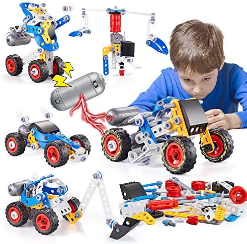 Erector Set for Boys 6-12, Building Toys for Kids Ages 4-8, 5 in 1 STEM Toys Ages 4-7 with Electric Power Motor, Construction Toys for Age 5 7 8 9 Years Old, 113 PCS DIY by kidpal
