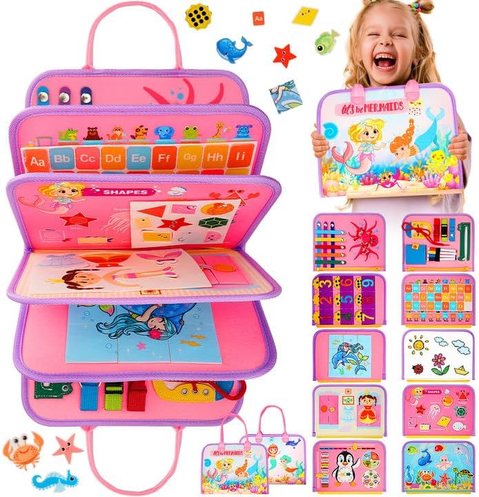 SaFeli Busy Board, Montessori Toys for Girl Birthday Gifts, Learning Toys Sensory Busy Book Toys, Travel Educational Book for Airplane Car | Birthday Gift for Girls, Pink by SaFeli