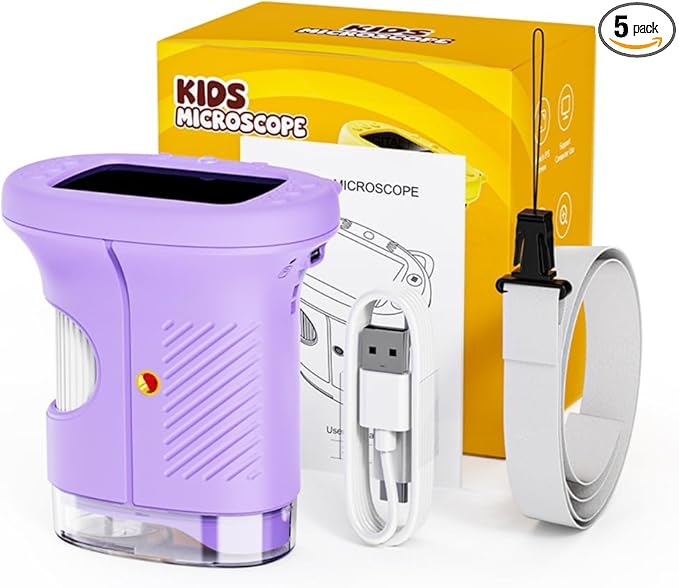 Pocket Kids Microscope, 1000X Handheld Microscope for Kids w/2.4'' Screen, Photo Video Mini Portable Microscopes Science Edu Digiscope, Christmas Birthday Gifts Ideas for Kids Ages 3-12 (Purple)