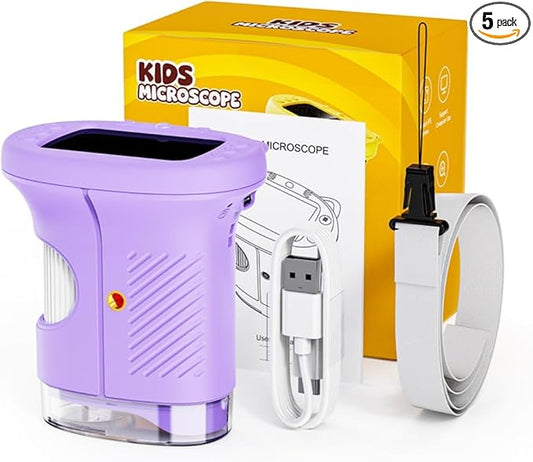 Pocket Kids Microscope, 1000X Handheld Microscope for Kids w/2.4'' Screen, Photo Video Mini Portable Microscopes Science Edu Digiscope, Christmas Birthday Gifts Ideas for Kids Ages 3-12 (Purple)