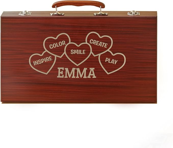 Let's Make Memories Personalized 80-Piece Deluxe Art Set - for Kids - Wood Carrying Case - Oil Crayons, Colored Pencils, Watercolors - Arts & Crafts - Add Their Name - Creative Hearts