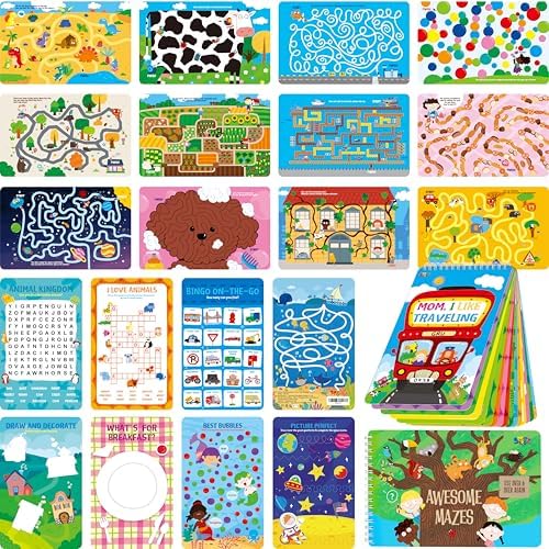 SpriteGru 2 Travel Game Pads, 61 Dry Erase Activities Games Reusable & Erasable Book, Fun Brain Challenge Games Interesting Educational Toy and Learning Tool for Road Trip Airplane Travel by SpriteGru