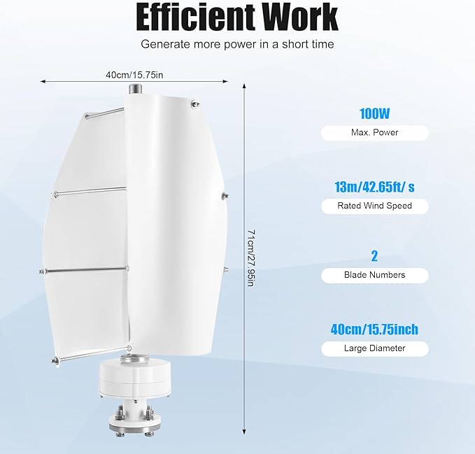 Bepritm Vertical Axis Wind Turbine, Wind Generator Kit with Controller & IP67 Protection, Ultra-Quiet Design for Home, RV, Business, Industrial Energy Supply (100W 12V White 2 Blades)