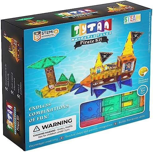 Tytan Tiles Pirate Ship & Island 60-Piece Magnetic Tiles Building Set, Fun Kids’ STEM Toy, Creative Play, Shape & Pattern Recognition, Fine Motor Skills, Includes Storage Bag, Ages 3 and Up by TytanToys