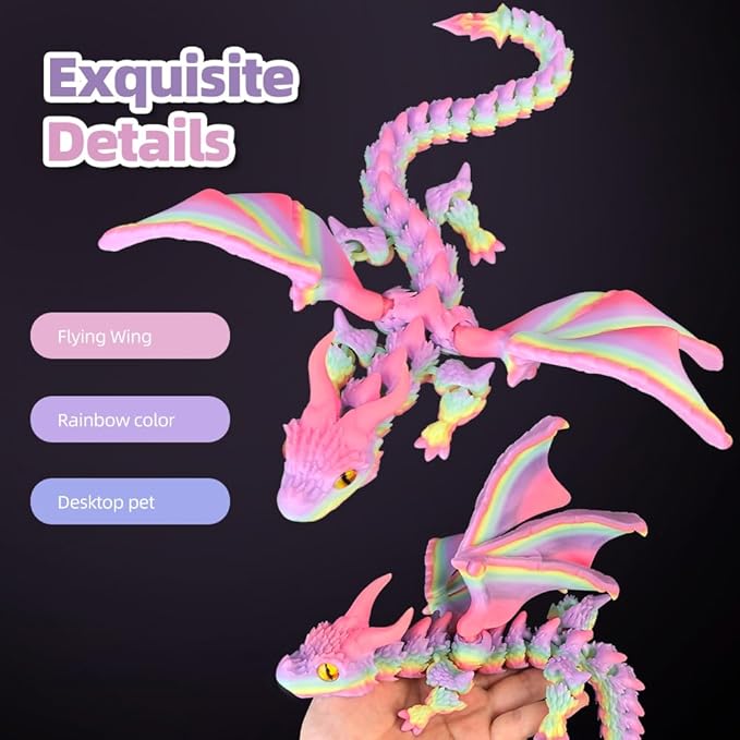 3D Printed Dragon with Wings,3D Printed Animals Toys, Fidget Dragon Toys, Flexible Articulated Winged Crystal Dragon Model,Desktop Pet Deco (Luminous-Rainbow)