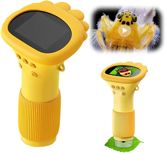 Buggy Lens Microscope Toy, Portable Optical Digital Microscope, 2" IPS Screen 1000x Handheld Digital Microscopes HD Pocket Portable Microscopes (Yellow)